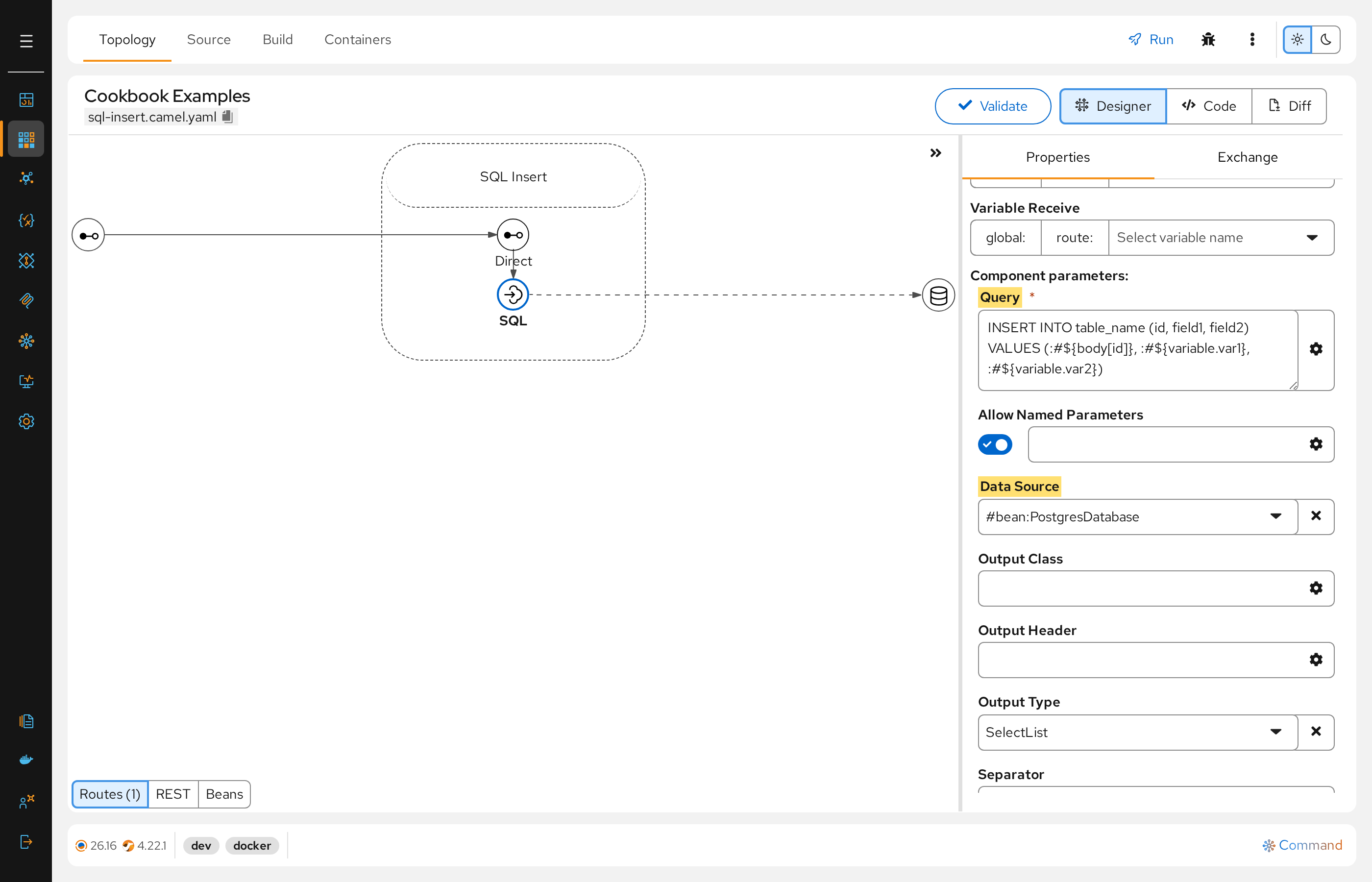 SQL step with the query and the data source